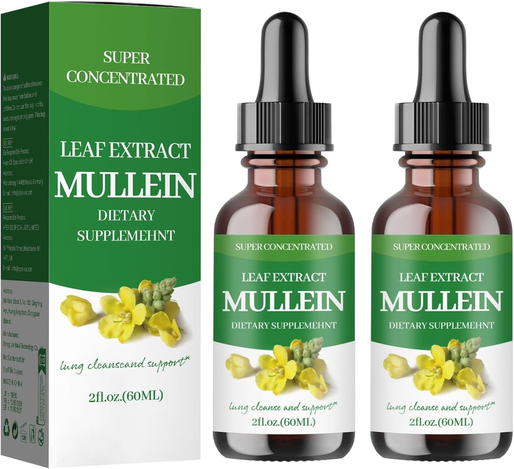Mullein Drops til Lungs, Mullein Leaf Extract - Support Lung Cleanse - Organic Natural Supplement for Voksen, Tincture Drops - 124; Non- GMO, Vegetarisk sund livsstil - (2Pack)