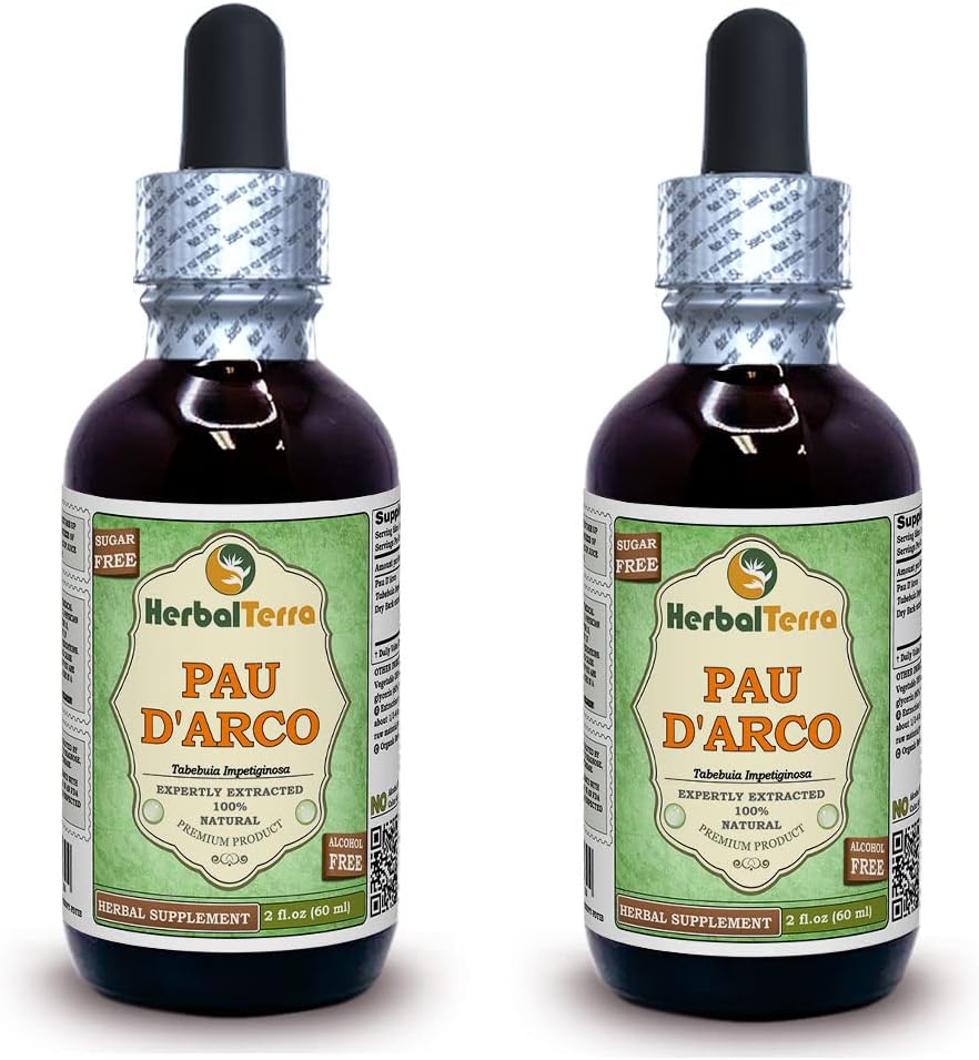 PAU d 'arco (Tabebuia Impetiginosa) Glycerit, Tørret Bark Alkohol- Free Liquid Extract (Brand Name: HerbalTerra, Stolt Made in USA) 2x2 fl.oz (2x60 ml)