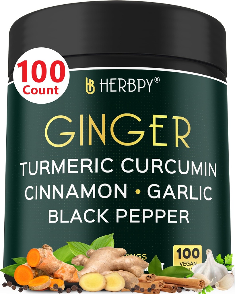5in1 Ingefær og gurkemeje Kosttilskud med Ceylon Cinnamon, Hvidløg - fordøjelse, immunforsvar, hjerne & hjerte support - 100 Veganske kapsler