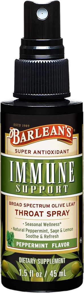 Barlean 's Olive Leaf Complex Throat Spray, immunforsvar supplement med pebermynte, Lemon, og salvie til Itchy Throat Relief, flydende blended ekstrakt, 1,5 oz