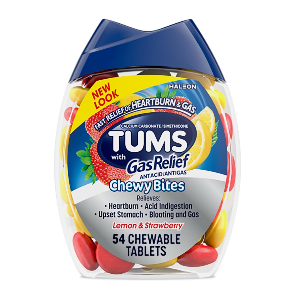 TUMS Chewy Bites Chewable Antacida tabletter med gas relief, Lemon & Strawberry - 54 Greve