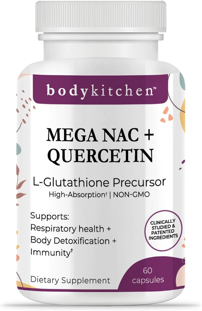 Body Kitchen Mega NAC (N- Acetyl Cysteine) 600 mg med Quercetin, understøtter respiratorisk sundhed og immunfunktion og fremmer lever - og nyredetox, Veggie Caps, (pakning med 1)