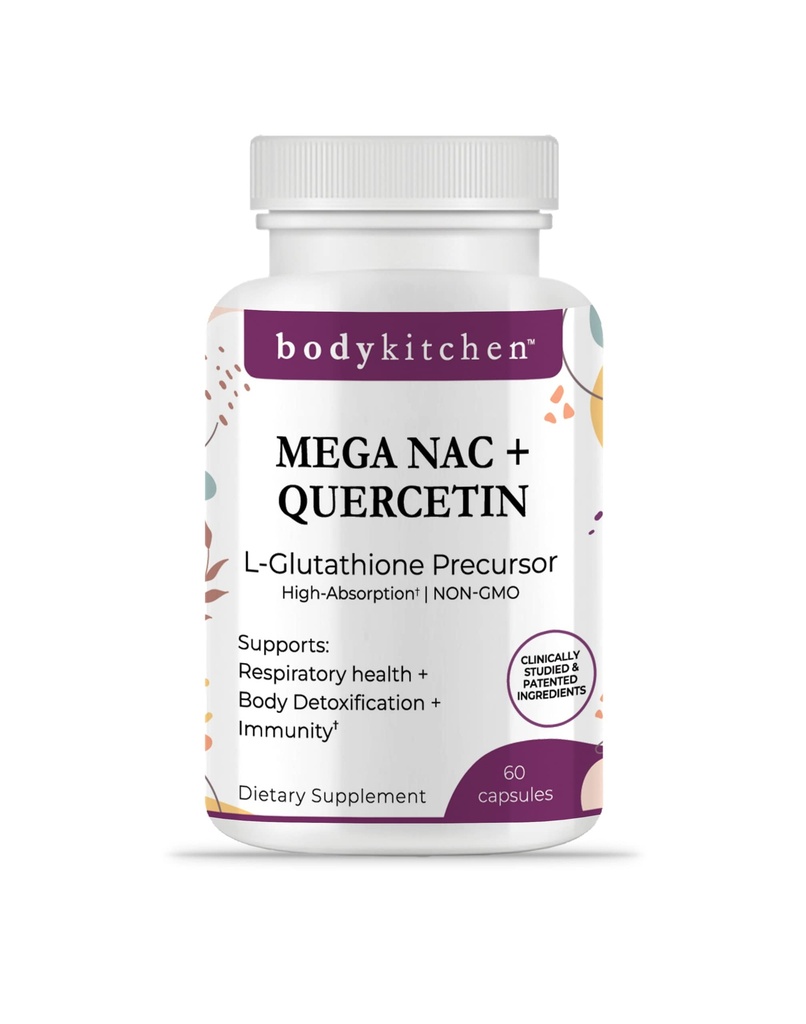 Body Kitchen Mega NAC (N- Acetyl Cysteine) 600 mg med Quercetin, understøtter respiratorisk sundhed og immunfunktion og fremmer lever - og nyredetox, Veggie Caps, (pakning med 1)
