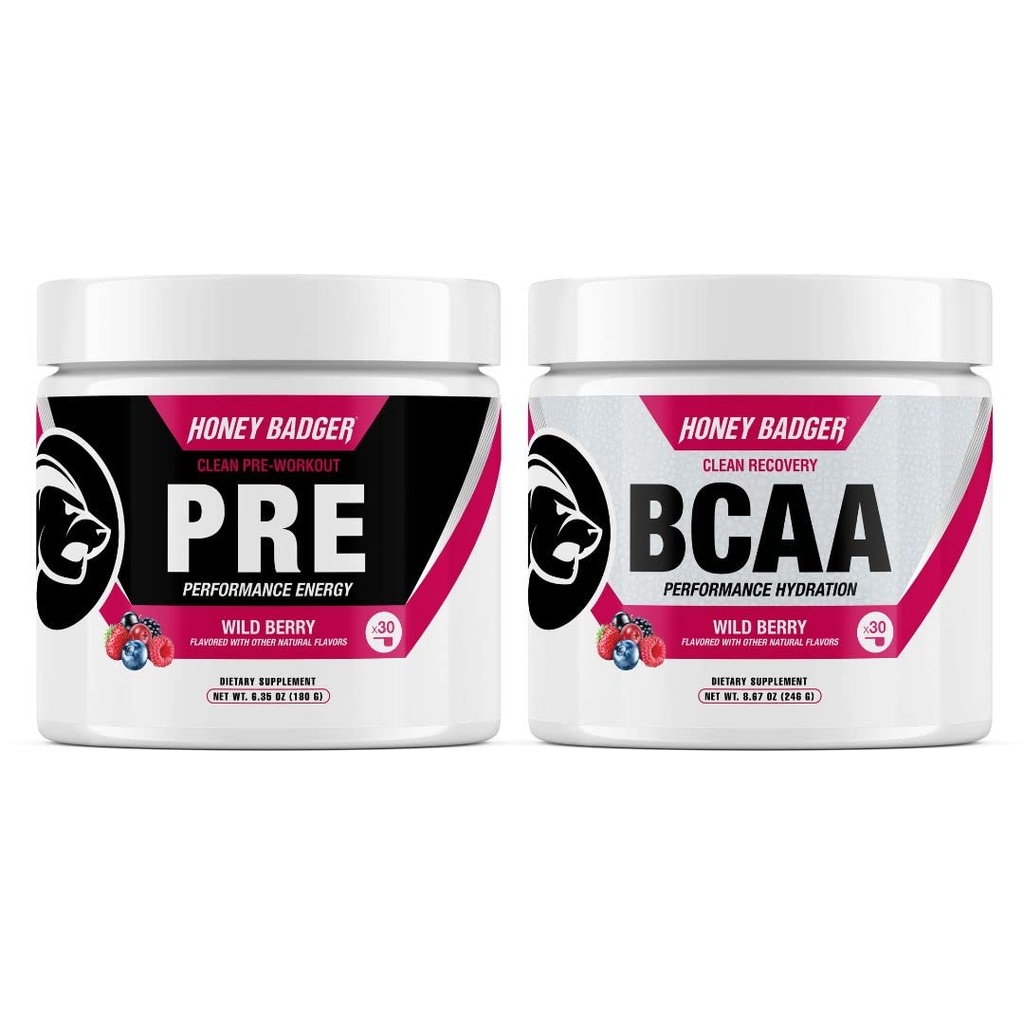 Honey Badger Pre Workout Powder & BCAA Aminoacids Powder Bundle Bundle 124; Beta Alanine, Koffein & C-vitamin + elektrolyter