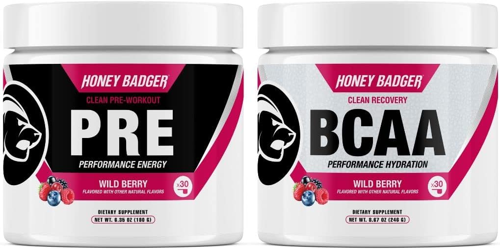 Honey Badger Pre Workout Powder & BCAA Aminoacids Powder Bundle Bundle 124; Beta Alanine, Koffein & C-vitamin + elektrolyter