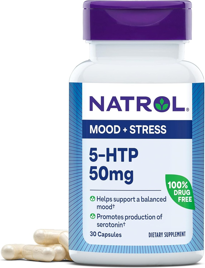 Natrol Mood & Stress 5- HTP 50mg, Kosttilskud Hjælper med at understøtte et afbalanceret mood, 30 kapsler, 7- 30 dages forsyning