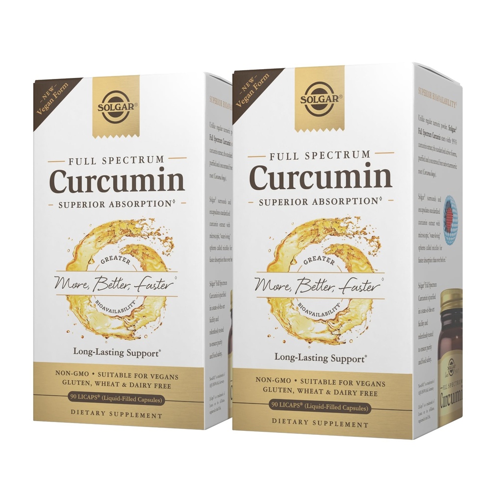 Solgar Full Spectrum Curcumin - 90 LiCaps, Pack of 2 - Superior Absorption - Brain, Joint & Immun Health - non-GMO, Vegan, Gluten Free, Dairy Free - 180 Total Servering