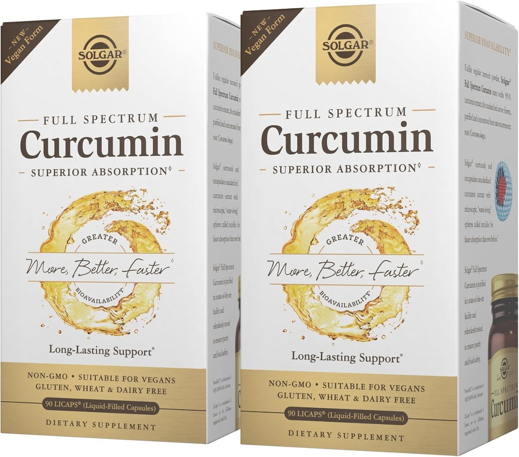Solgar Full Spectrum Curcumin - 90 LiCaps, Pack of 2 - Superior Absorption - Brain, Joint & Immun Health - non-GMO, Vegan, Gluten Free, Dairy Free - 180 Total Servering
