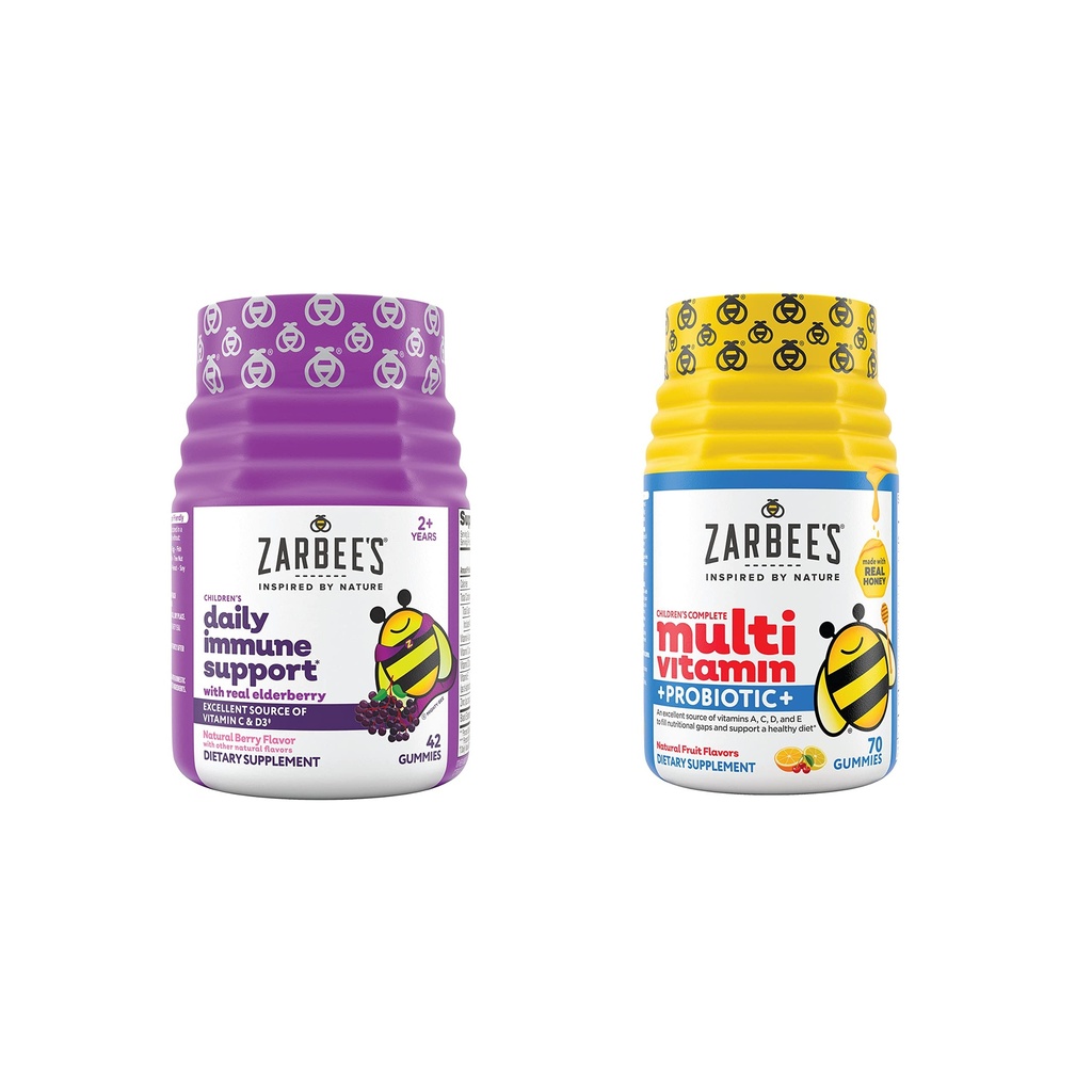 Zarbee 's Kids Daily immunsupport & Kids Multivitamin + Probiotisk Multipakning, Immunsupport Gummies med Elderberry, C-vitamin & Zink, 42 ct, & Children' s Vitamin + Probiotiske Gummies, 70 ct, 2 Genstande