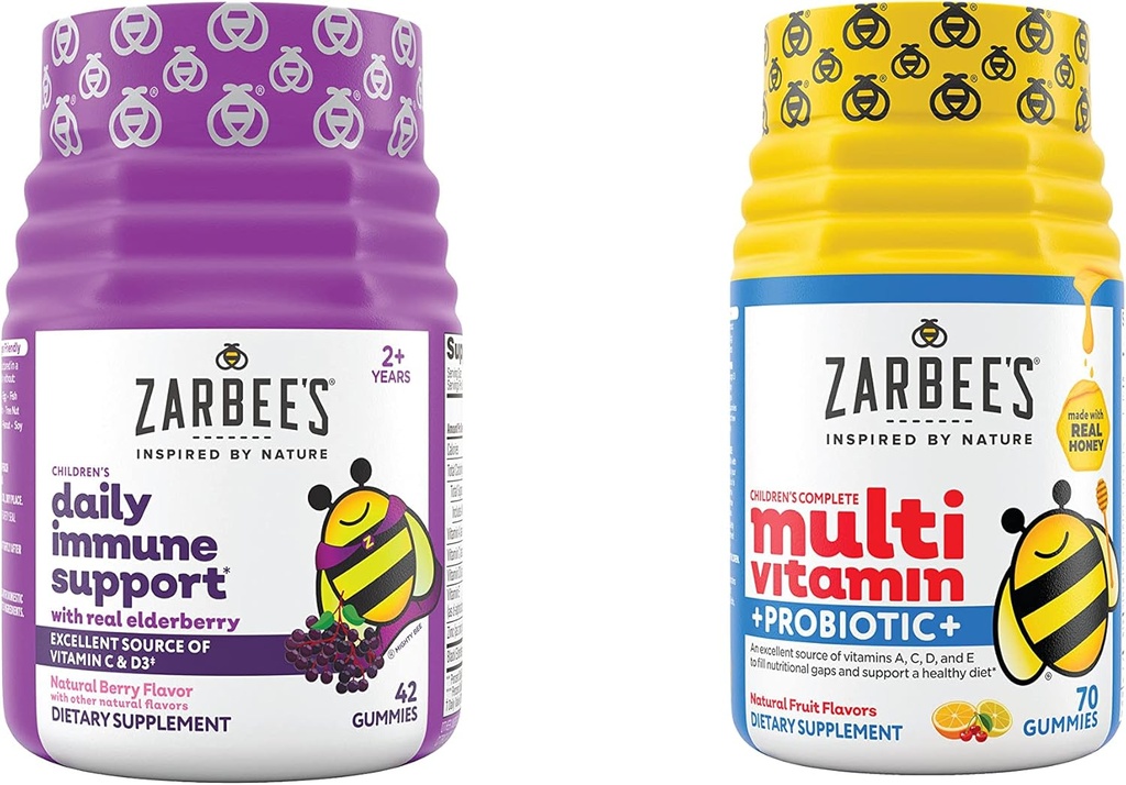 Zarbee's Kids Daily Immune Support & Kids Multivitamin + Probiotic Multipack, Immune Support Gummies with Elderberry, Vitamin C & Zinc, 42 ct, & Children's Vitamins + Probiotic Gummies, 70 ct, 2 Items
