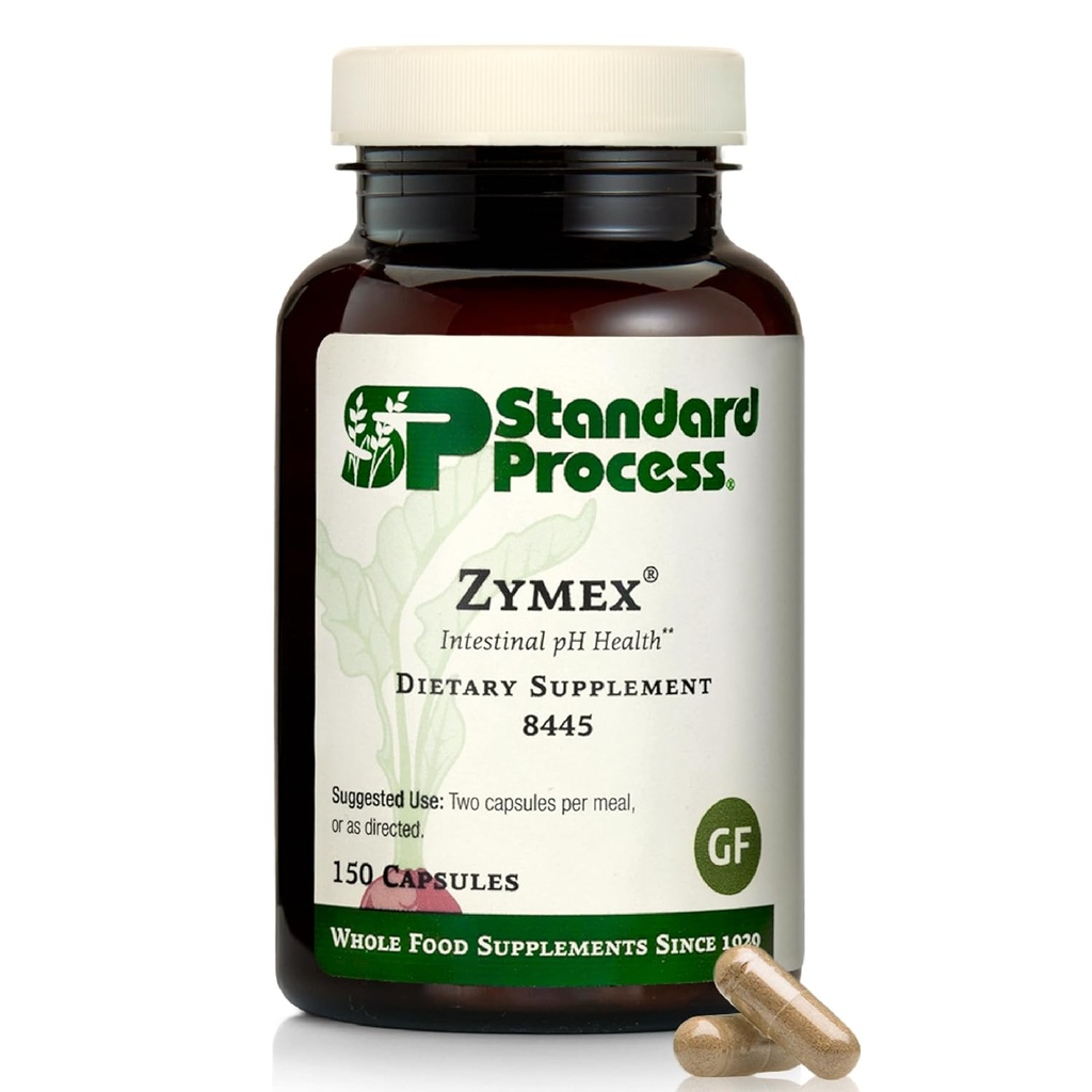 Standard Process Zymex kapsler - fordøjelsesstøtte - understøtter intestinal sundhed & balanceret pH - Gut sundhed supplement med Rice Bran, Spanske Moss, Gulerødder & Beets - Non- Dairy - 150 Kapsler