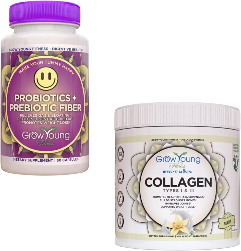 Grow Young Fitness Probiotika og Vanilla Collagen - Understøtter fordøjelsessygdomme og fremmer hud og knogler - (1) 30- pakke Probiotika + 12.4oz Vanilla Collagen Powder