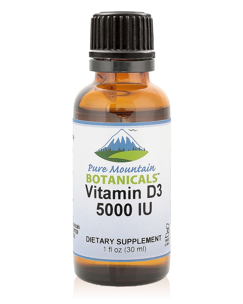 Pure Mountain Botanicals Liquid Vitamin D Drops - Unflavored Kosher D3 Liquid Drops i MCT Oil - 5000IE per Serving - 1oz Flaske