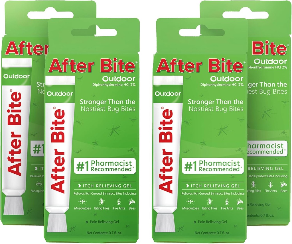 Efter Bite Outdoor Formel - Itch Relief med Diphenhydramin HCl - Ideel til Mosquito & Fire Ant Bites, Bier & Mere - Portable Gel Formel - 0.7 oz (4 Pack)