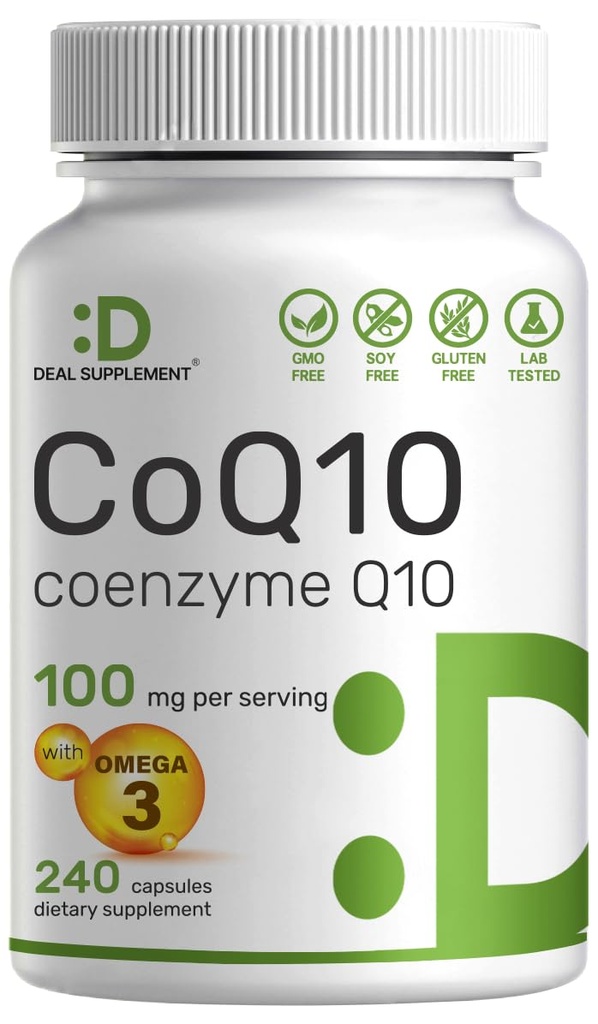 DEAL SUPPLEMENT CoQ10 100mg med Omega 3 100mg, 240 Kapsler; Biotilgængeligt Coenzym Q10 Formelle 124; Ikke- GMO