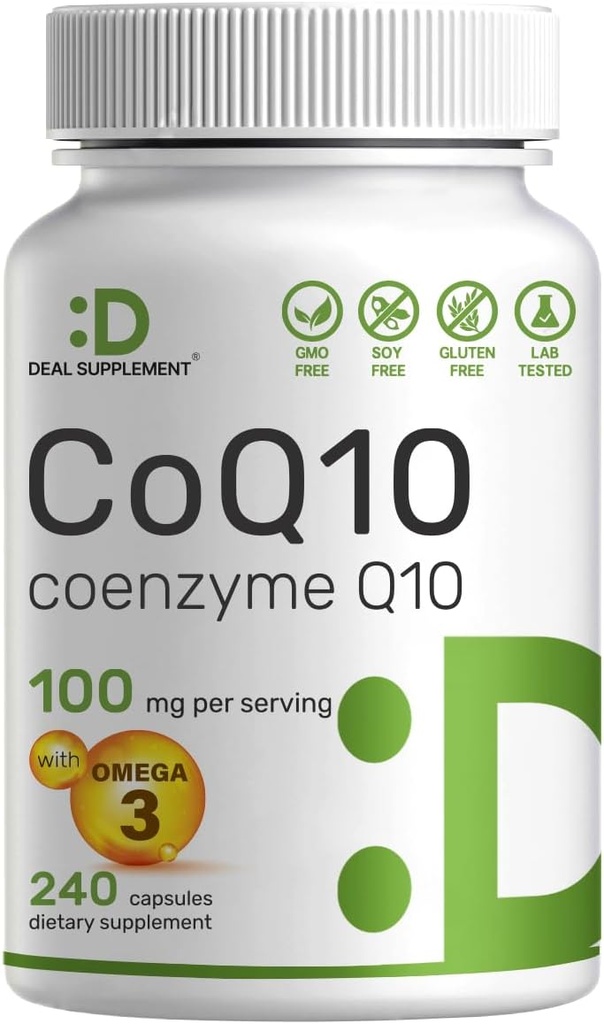 DEAL SUPPLEMENT CoQ10 100mg with Omega 3 100mg, 240 Capsules | Bioavailable Coenzyme Q10 Formula | Supports Heart, Energy & Brain Health | Antioxidant Support | Non-GMO
