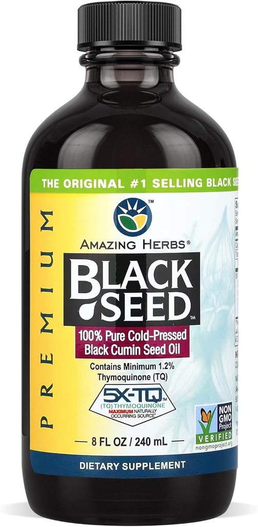 Amazing Herbs Premium Black Seed Oil - Cold Pressed Nigella Sativa aids i fordøjelsessygdomme, immunforsvar, hjernefunktion, fælles mobilitet, Gluten Free, Non GMO - 8 Fl Oz