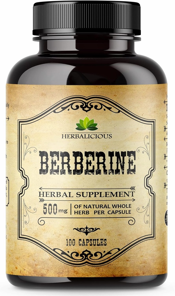 HERBALICIOUS Berberine Supplement - 100 kapsler Berberine HCL Kosttilskud til mænd og kvinder - Ikke GMO Berberine 500mg - Ideel til immunforsvar, hjerte, Cholesterol Niveau