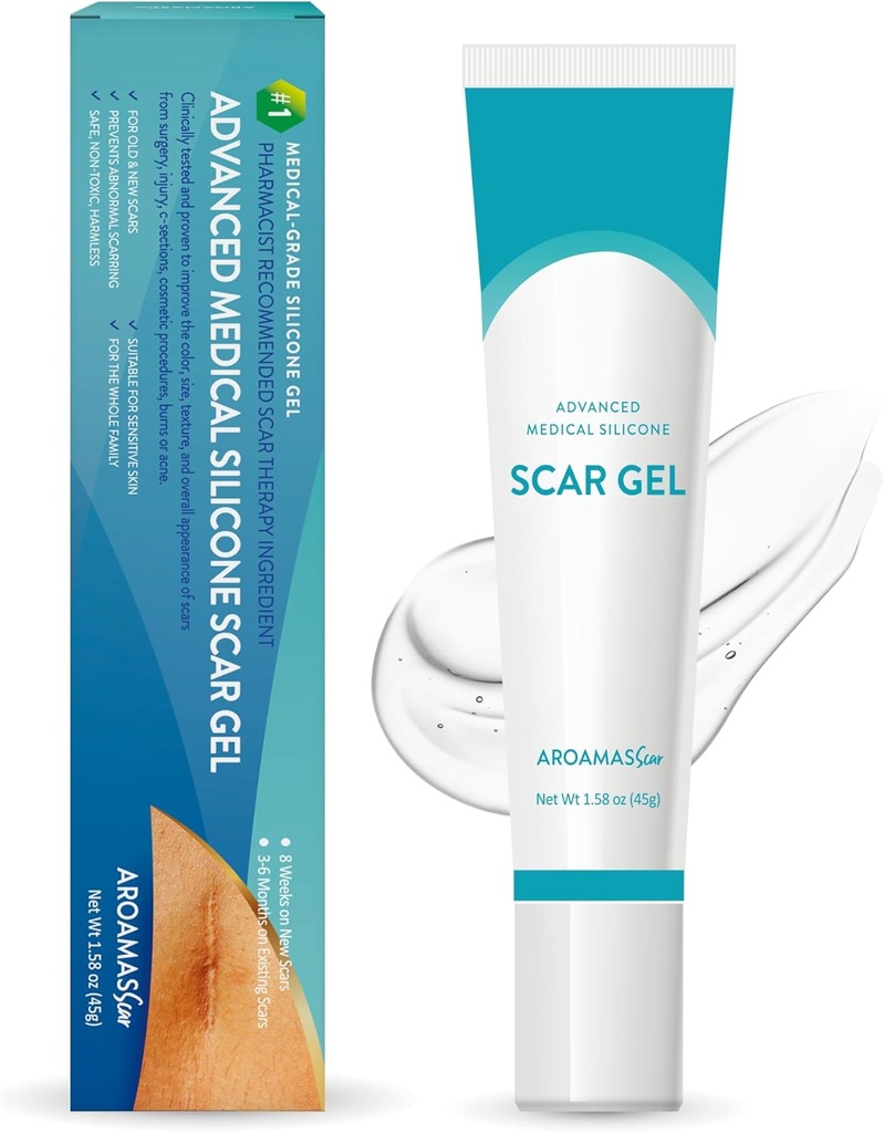 Aroamas Scar Advanced Scar Gel - Medical- Grade Silicone Scar Gel for Kirurgiske Scars, for Face, Scar gel med silikone til Keloider, C- sektion, kosmetik procedurer, Burns, skader - 45g