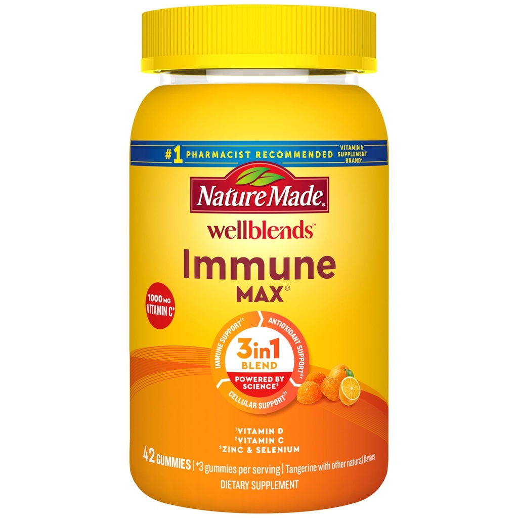Nature Made Wellblends ImmuneMAX Gummies, C-vitamin 1000mg + Zink, Selen, & D-vitamin 3 5000 IE, immunsupporttilskud, 42 Gummies