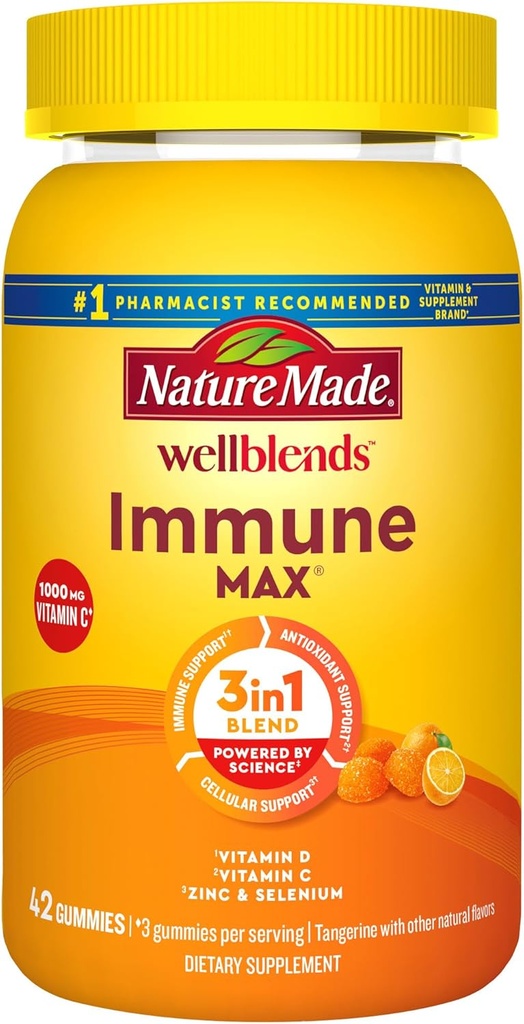 Nature Made Wellblends ImmuneMAX Gummies, C-vitamin 1000mg + Zink, Selen, & D-vitamin 3 5000 IE, immunsupporttilskud, 42 Gummies