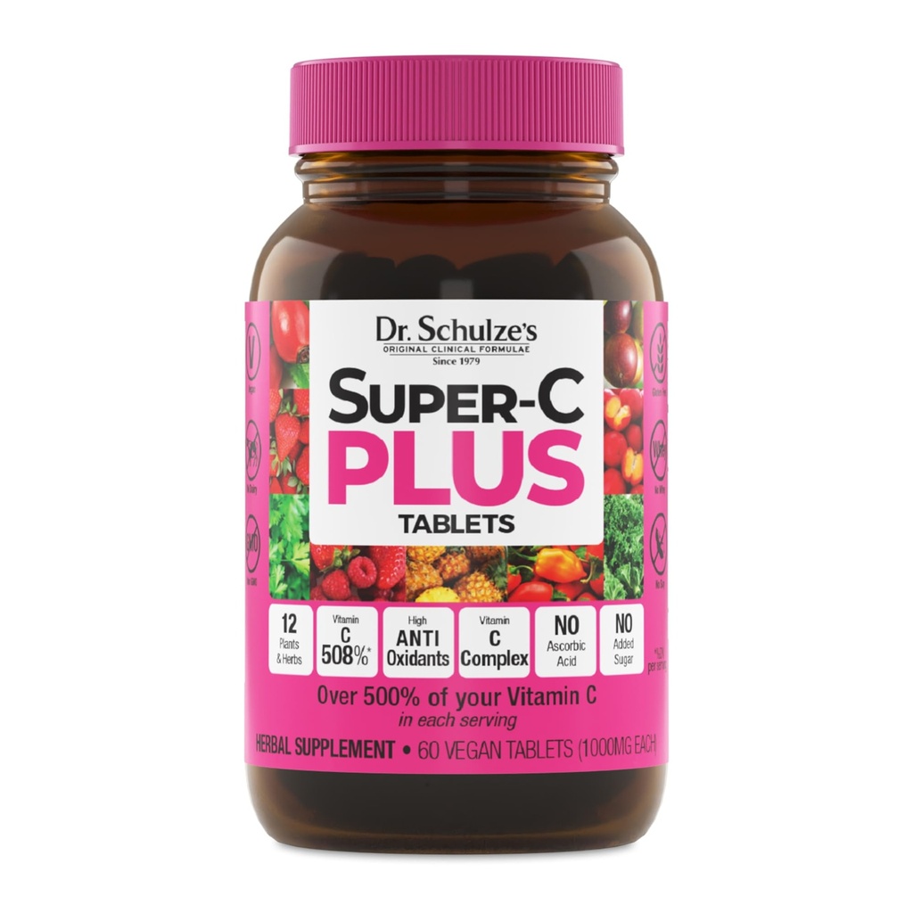 Dr. Schulzes Super- C Plus - C-vitamin supplement til immunforsvar - Skin Health & Antioxidant Support - Højpotens formel - Plantbaseret superfood - Gluten- Free & Vegan - 60 Greve (20 Servere)
