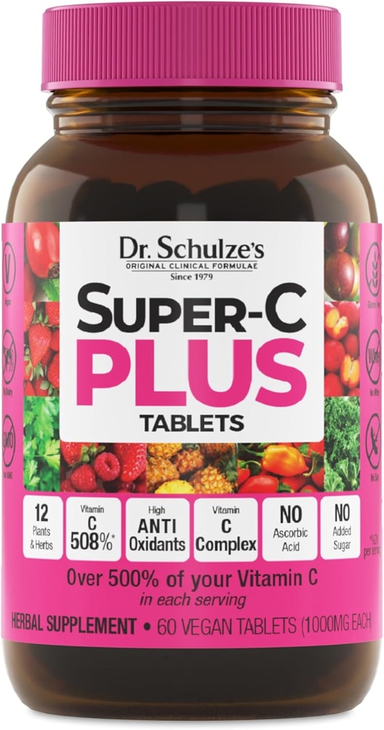 Dr. Schulzes Super- C Plus - C-vitamin supplement til immunforsvar - Skin Health & Antioxidant Support - Højpotens formel - Plantbaseret superfood - Gluten- Free & Vegan - 60 Greve (20 Servere)