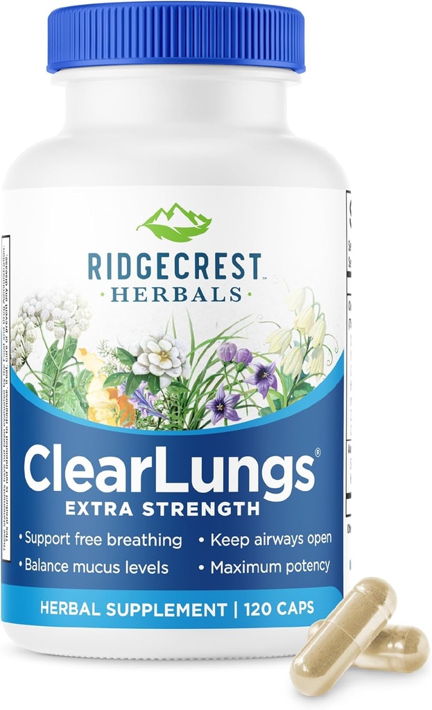 RidgeCrest Herbals ClearLungs Extra Strength, Natural Lung, Nasal Health Formel, Bronchial, Luftveje, Sinus, Mucus Support (120 Caps, 60 Serv)