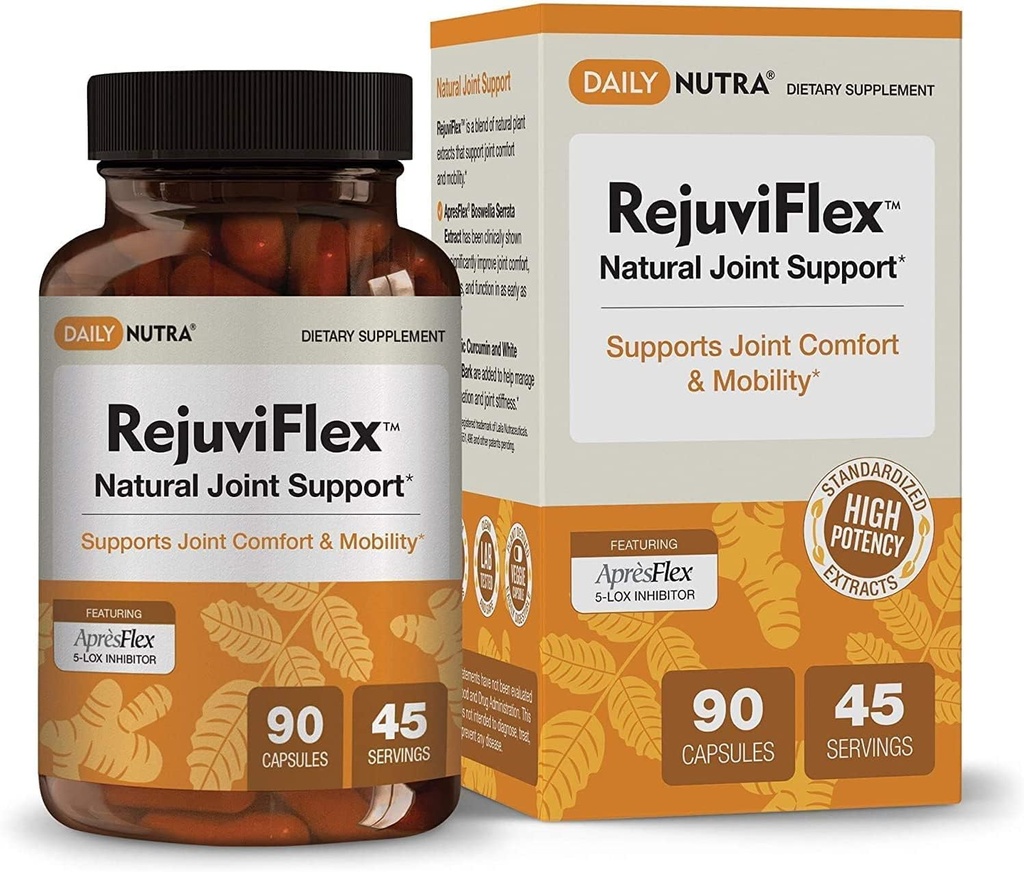 RejuviFlex - Natural Joint Supplement w / ApressFlex Boswellia AKBA, Gurkemeje Curcumin, Piperine & White Willow Bark - for funktion af hænder, Knees, Samlet fælles sundhed (90 kapsler)