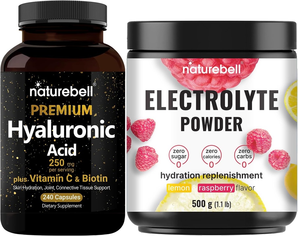 NatureBell Hyaluronsyre kapsler med Biotin + C-vitamin & elektrolyte Hydration Powder Bundle Packle 124; Complete Beauty Care Complex