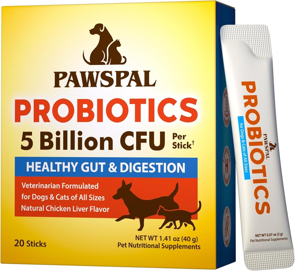 Probiotika til hunde og katte, 5 Millioner CFU, Veterinarian Formuleret, fordøjelses- og immunsundhed, Gut Flora Balance, Alle naturlige probiotiske pulver, kylling lever flavor, 20 sticks