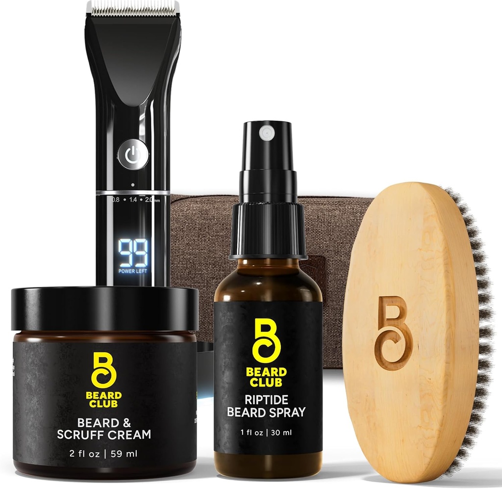 The Beard Club PT45 Beard Trimmer for Men - Electric Cordless Rechargeable, Beard Cream, Riptide Beard Spray, Beard Brush, Travel Bag– Gift Kit Bundle