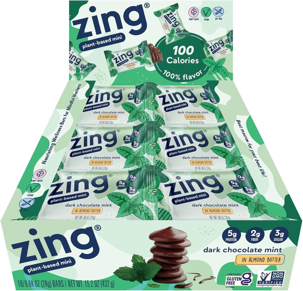 Zing Dark Chocolate Mint Kids Protein Bars, Gluten Free 100 Calorie Mini Bars med højt protein, Vegansk Nutrition Bars, Dairy Free Plant Based Protein, Kosher, Lavsukker, Ingen sukker alkoholer -18 tæller