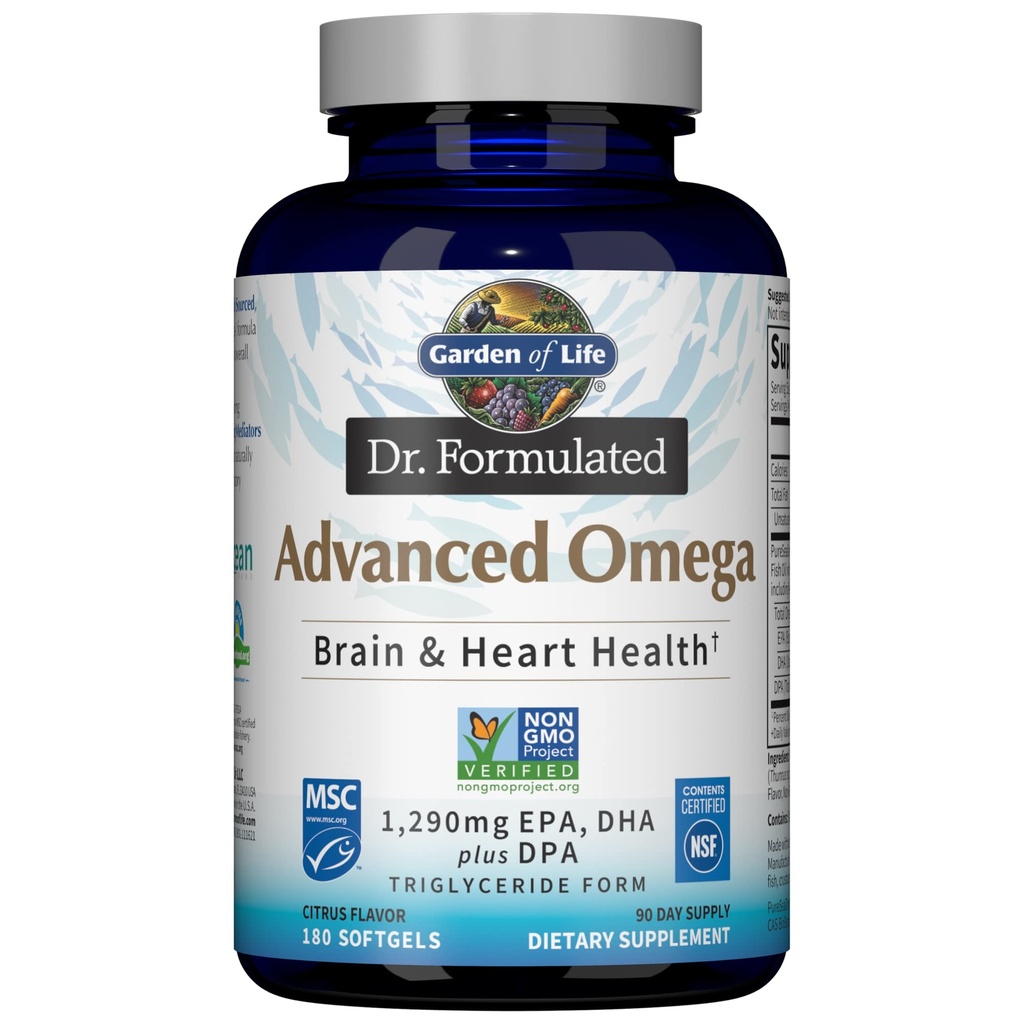 Livets have Dr. Formuleret Advanced Omega Fish Oil - Lemon, 1,290mg EPA, DHA + DPA i triglycerid form, Enkelt kilde Omega 3 supplement til Ultimate Brain & Heart Health, Non- GMO, 180 Softgels