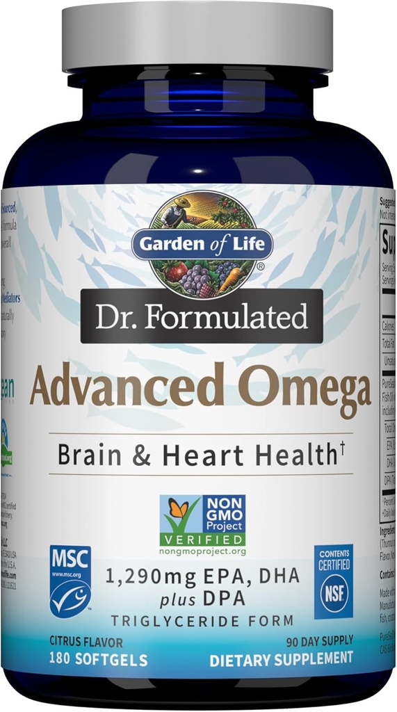 Livets have Dr. Formuleret Advanced Omega Fish Oil - Lemon, 1,290mg EPA, DHA + DPA i triglycerid form, Enkelt kilde Omega 3 supplement til Ultimate Brain & Heart Health, Non- GMO, 180 Softgels