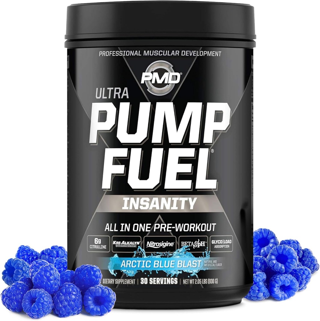 PMD Sports Pump Fuel Ultra Insanitet - Premium Pre Workout Powder & Muscle Pump, Greater Focus, Endurance & Recovery, Premium Creatin, Arginin & Beta Alanine - Arctic Blue Blast (30 Servere)