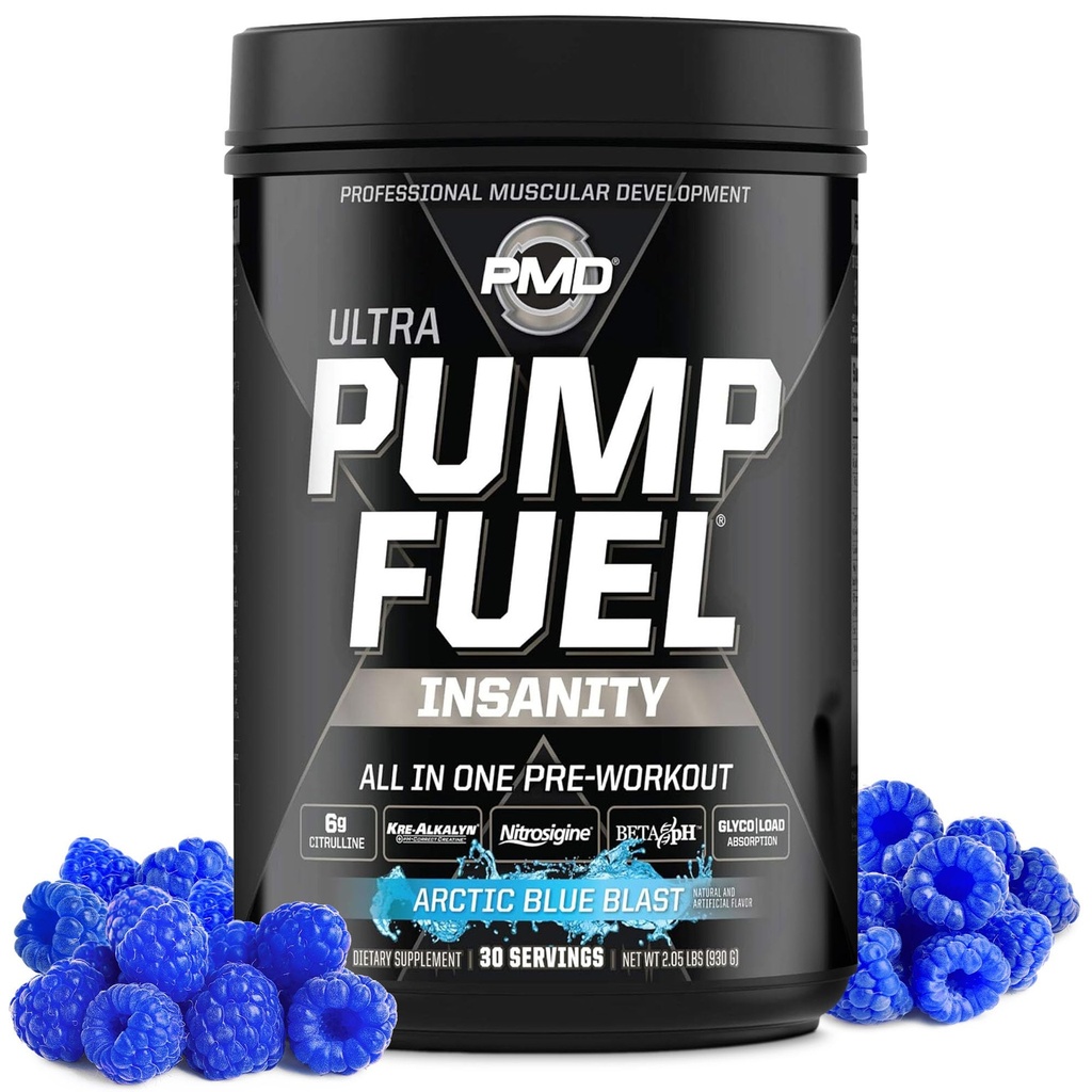 PMD Sports Pump Fuel Ultra Insanitet - Premium Pre Workout Powder & Muscle Pump, Greater Focus, Endurance & Recovery, Premium Creatin, Arginin & Beta Alanine - Arctic Blue Blast (30 Servere)
