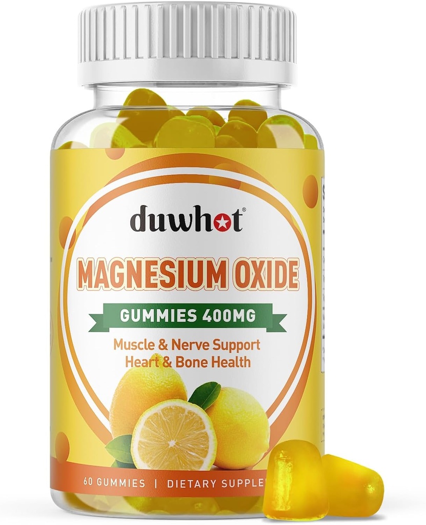 Magnesium oxide Gummies 400mg, Magnesium oxide Chewable Supplement for voksne & børn, Nerve, Muscle, Bone & Heart Support, Non GMO, Pectin, Vegan, 60