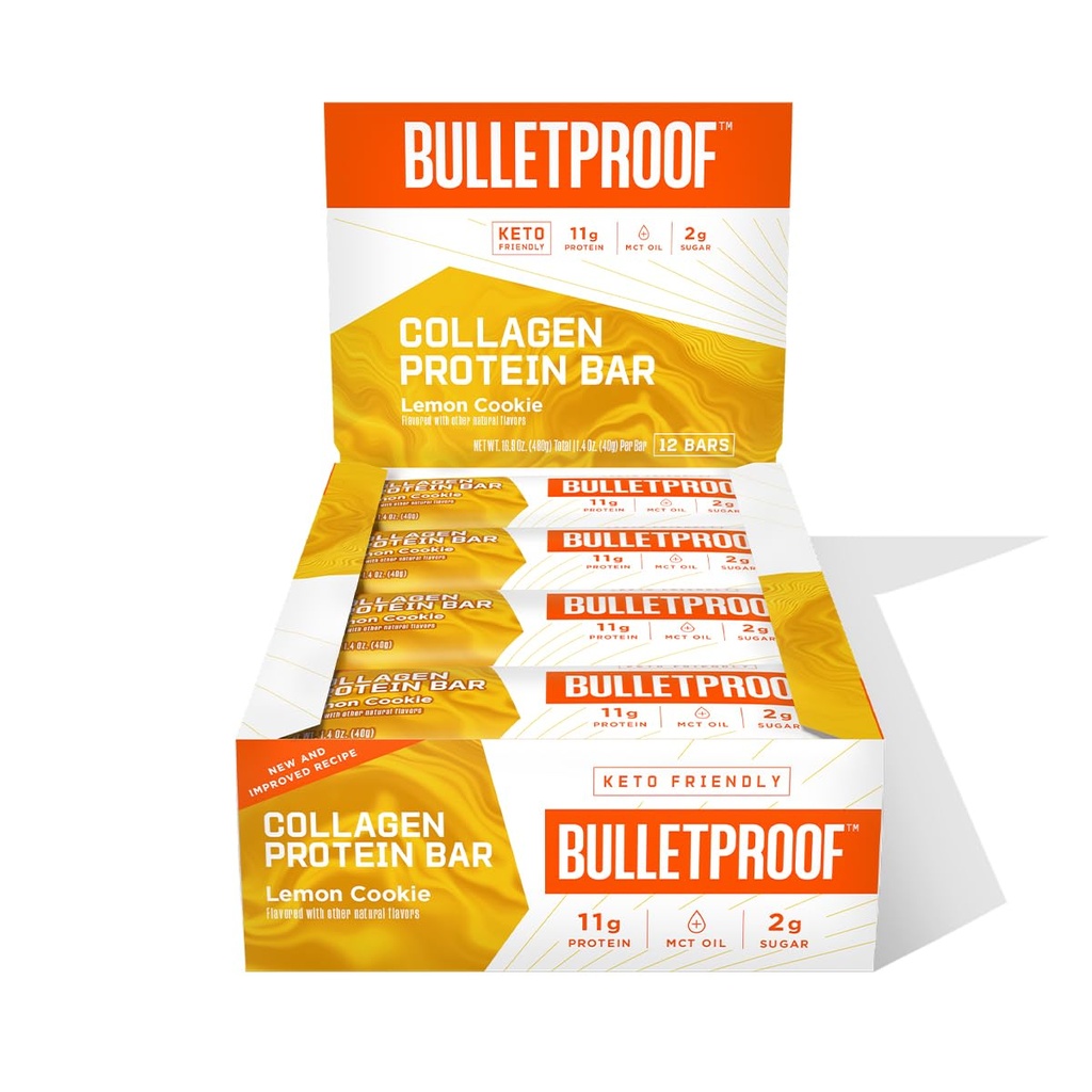 Bulletproof Lemon Cookie Collagen Protein Bars, Pack of 12, Keto-Friendly Snack med MCT Oil, Grass- fed Collagen, Ingen tilsat sukker