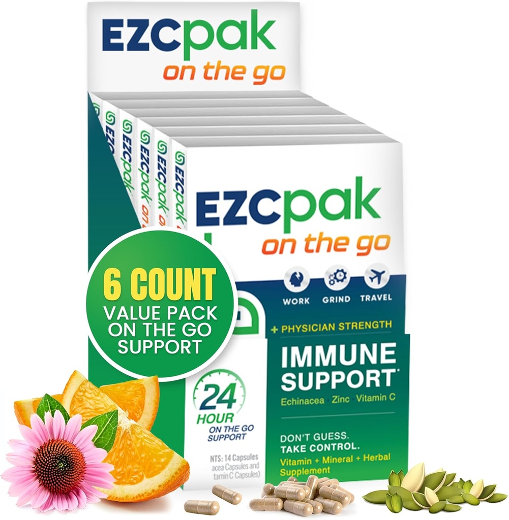 EZC Pak På Go Immunsystemet Booster med Echinacea, C-vitamin, Zink, Immunitet Support, Immunitet Vitaminer til voksne, Rejsevenlig Packaging, Vegetar, Gluten- Gratis - Pakke med 6