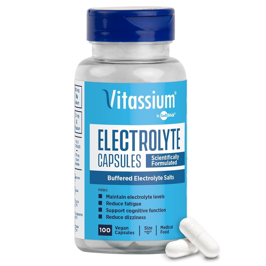 Vitamin Electrolyte Kapsler, Elektrolyte til Forvaltning af POTS og højnatriumdiæter (500mg natrium - 100mg kalium), Ikke aromatiseret, 100 saltpiller (størrelse 0)
