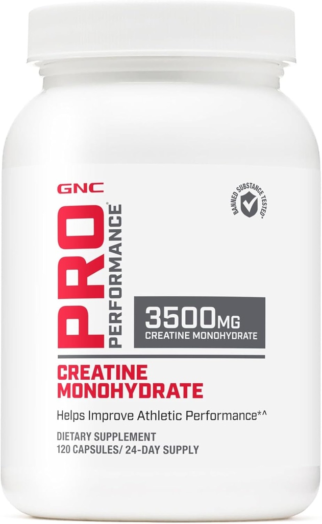 GNC Pro Performance Creatinine Monohydrat 3.5g Supplement, Forbedrer muskeltræning, Endurance og ydeevne, 120 Kapsler, 24 Servering