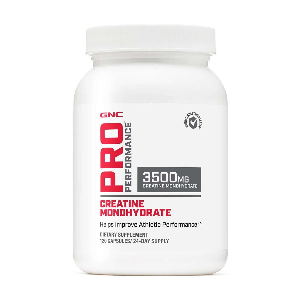 GNC Pro Performance Creatinine Monohydrat 3.5g Supplement, Forbedrer muskeltræning, Endurance og ydeevne, 120 Kapsler, 24 Servering