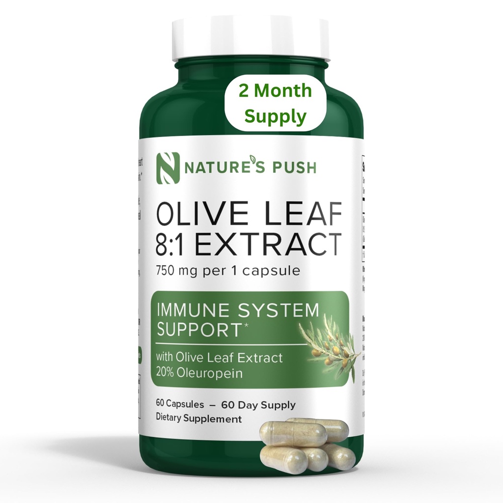 Nature 's Push Super Potent Olive Leaf 8: 1 Extract 20% Oleuropein 750mg Capsule Immunsystem, Hud og Heart Health Support Vegan Non- GMO USA cGMP Gluten Free Antioxidants 60 Capsules 2 Month Supply