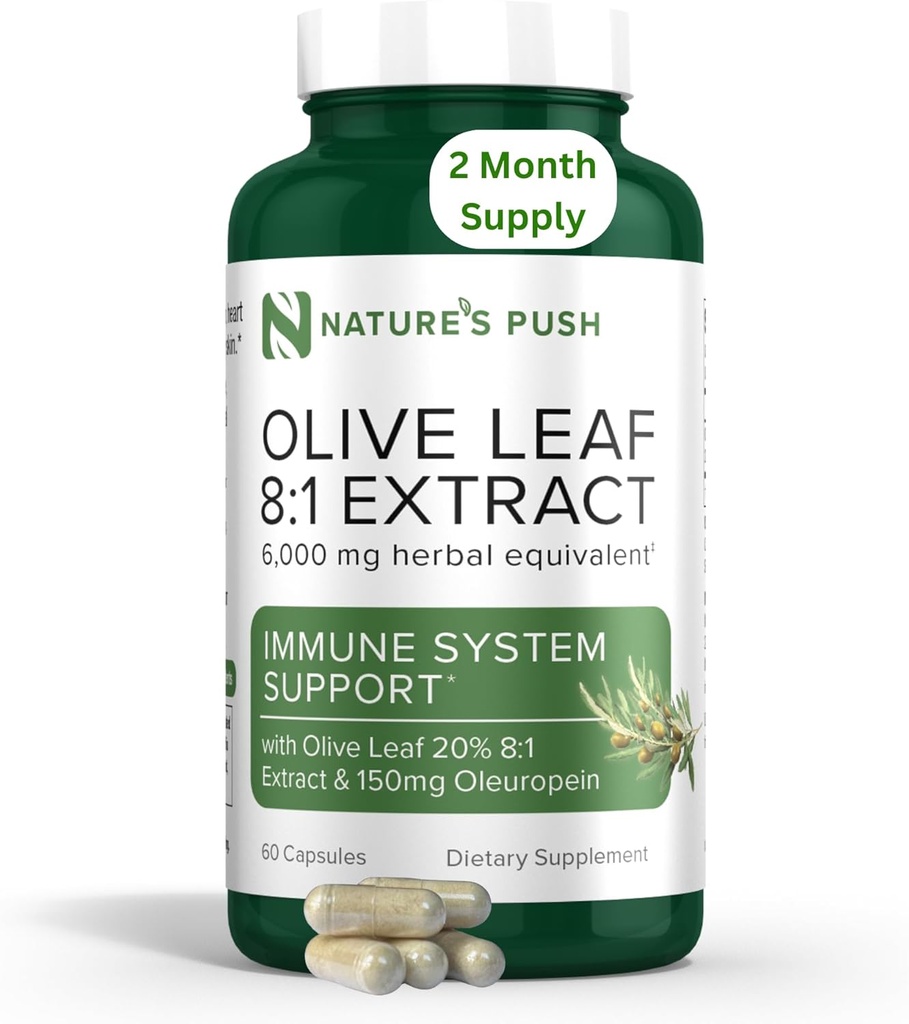 Nature's Push Super Potent Olive Leaf 8:1 Extract 20% Oleuropein 750mg Capsule Immune System, Skin, and Heart Health Support Vegan Non-GMO USA cGMP Gluten Free Antioxidants 60 Capsules 2 Month Supply