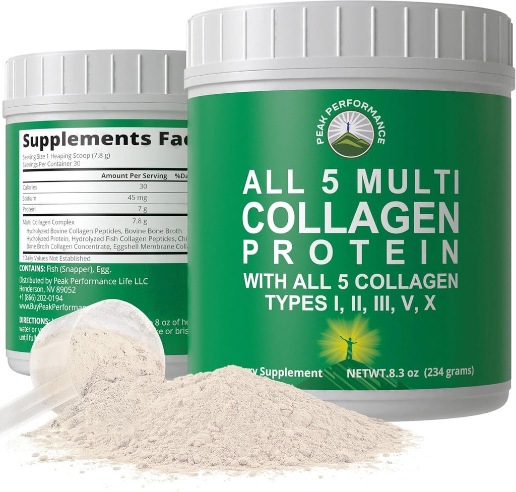 Peak Performance Alle 5 Multi- Collagen Protein Powder Peptider Multi- Collagen Indeholder alle typer I, II, III, V, X. Keto, Paleo Friendly with Hydrolysed Bovine, Marine, Chicken, Bone Broth Collagens