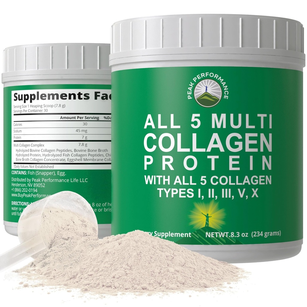 Peak Performance Alle 5 Multi- Collagen Protein Powder Peptider Multi- Collagen Indeholder alle typer I, II, III, V, X. Keto, Paleo Friendly with Hydrolysed Bovine, Marine, Chicken, Bone Broth Collagens