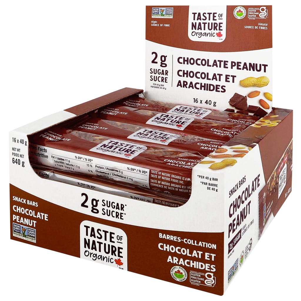 Smag på naturen - Økologisk 2g Sukker Chokolade Peanut - Lavsukker Snack and Breakfast Bar, High Fiber Energy Bar - 16 Grev Snack Pack