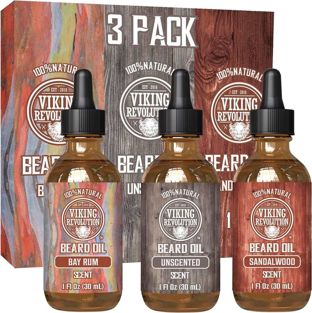 Viking Revolution Beard Oil for mænd 3 Pack - Natural Herre Beard Oil Variety Set 2 - Sandalwood, Undufted og Bay Rum Scents - Beard Conditioning og fugtgivende for et sundt skæg (3 Pack, 1oz)