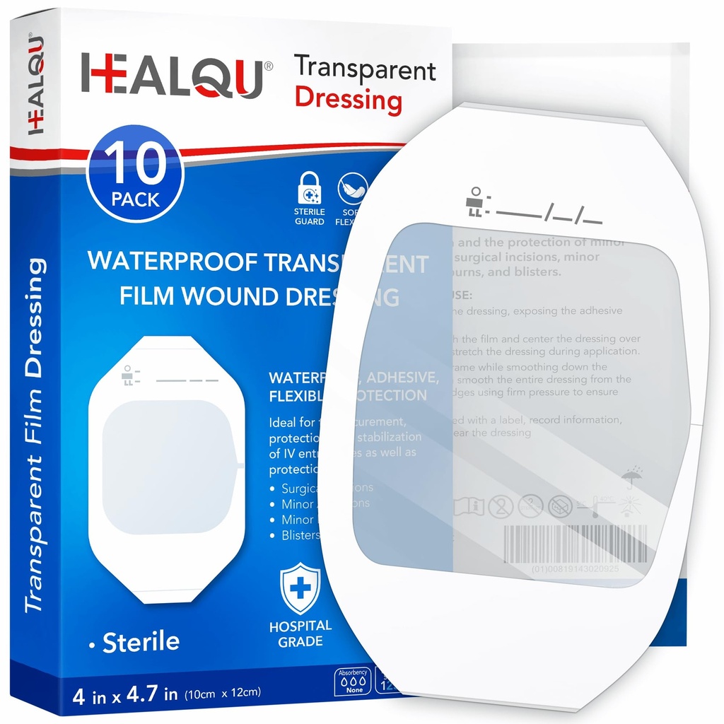 Transparent Film Dressing 4 "x 4.75" (10 Pack) - Vandtæt påklædningsbandager til post- Kirurgisk Bruser, IV Skjold, Tattoo Efterbehandling, Clear Breathable Dressing Patches af ECONQU